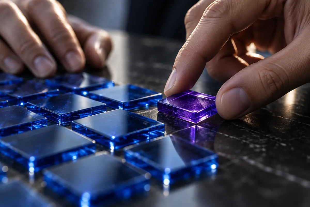 Hands arranging translucent glass tiles on a dark polished table