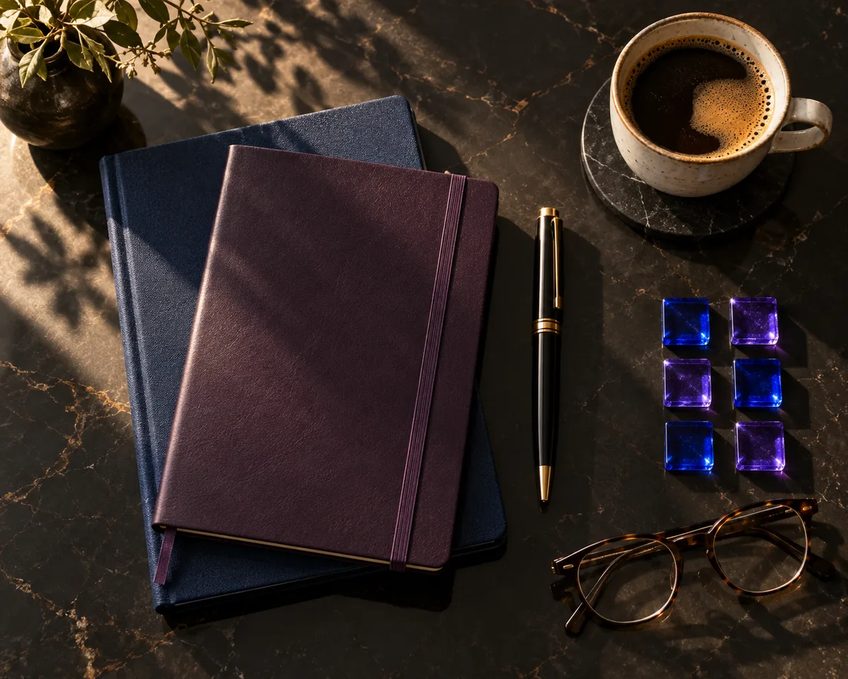 Notebooks, pens and glass tiles arranged on a table