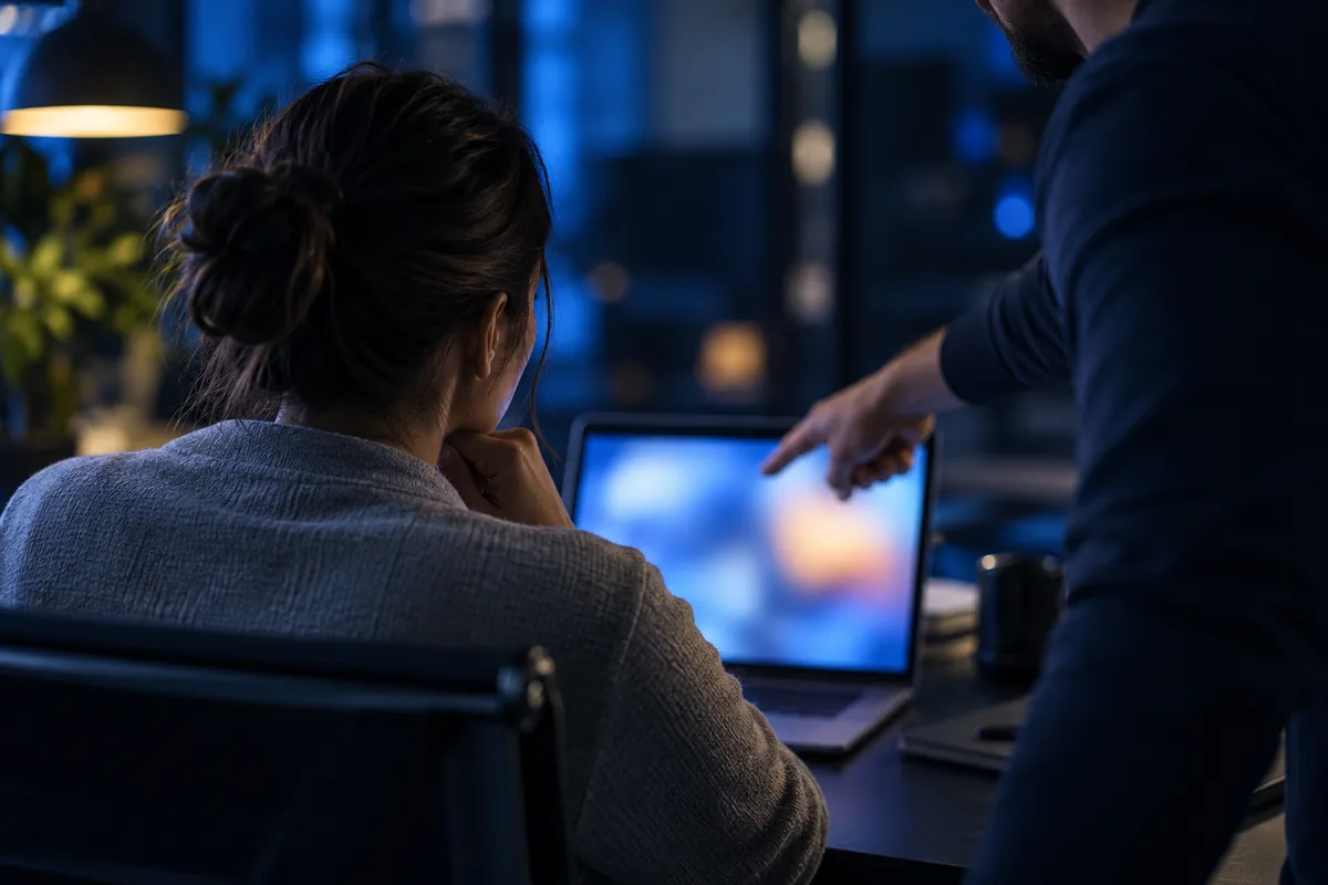 A facilitator guiding a participant at a laptop in a dim workspace