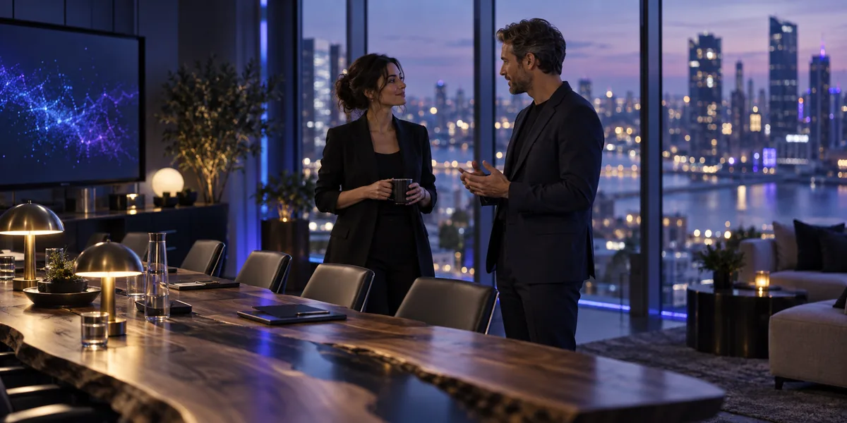 Two facilitators in conversation beside a sculptural table in an evening training studio