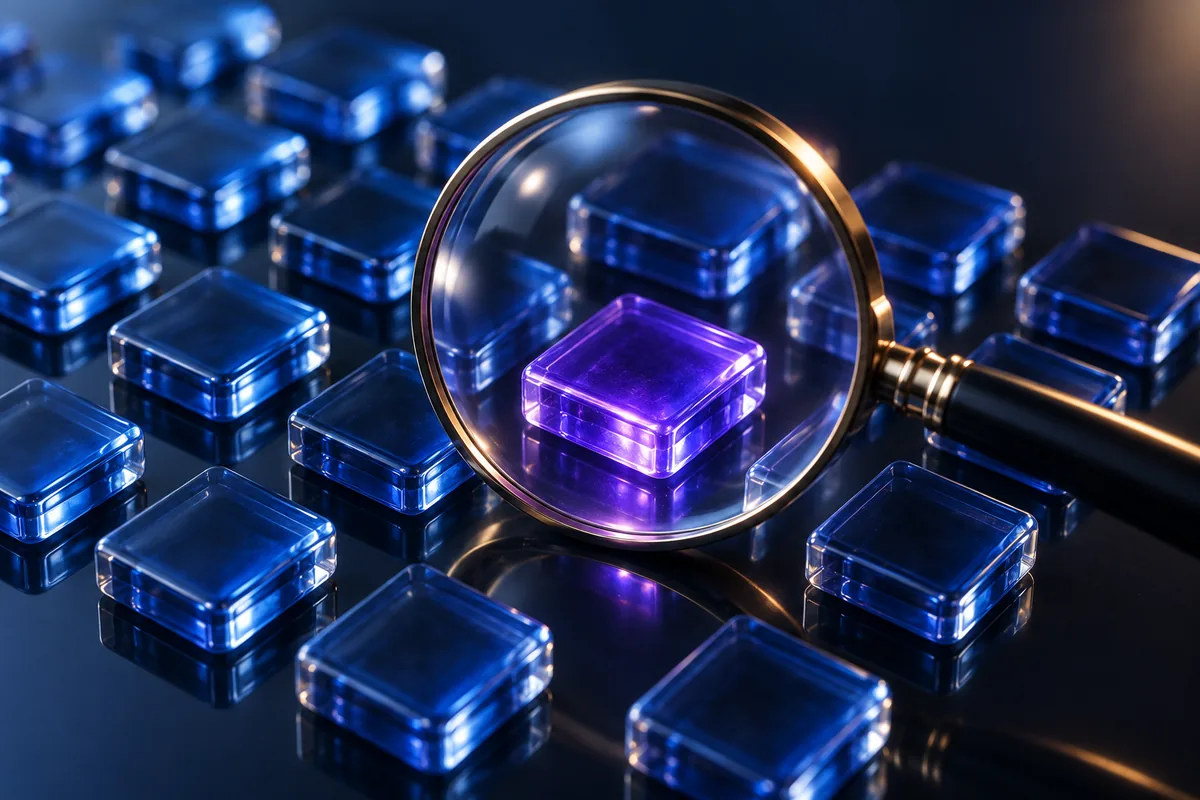 A magnifying lens over a grid of translucent cobalt tiles